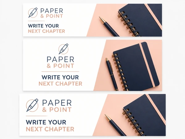 The same stationery brand logo, colours and headline across an email, a post and a page