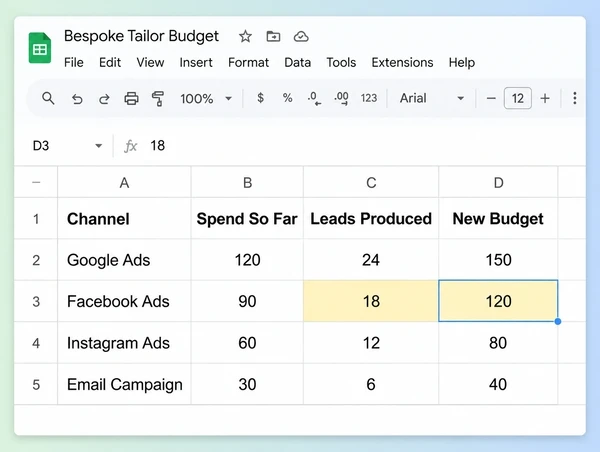 A sheet moving a bespoke tailor budget toward the channels producing leads