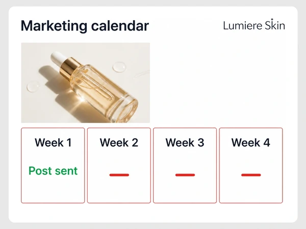 Lumiere Skin shows one week marked Post sent followed by three empty weeks with red dashes.