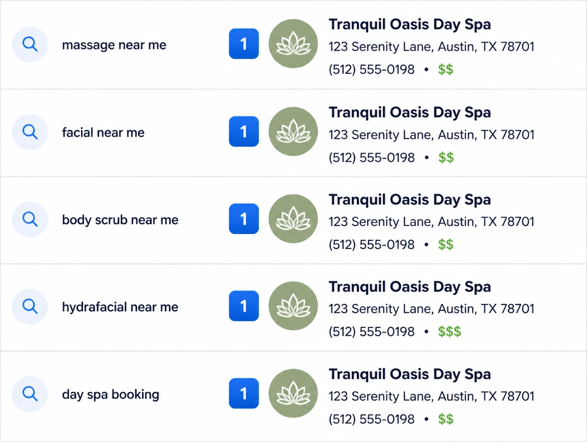 A search rankings list where one day spa holds first place across five treatment and booking searches.