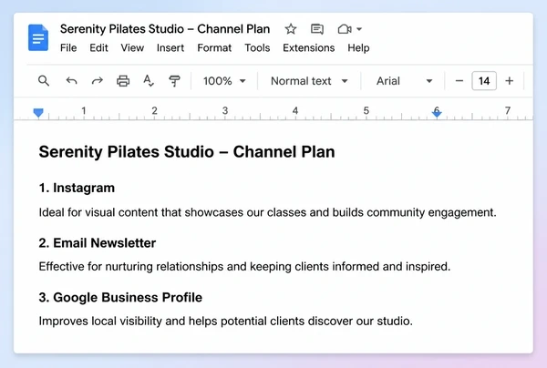 A channel plan in Google Docs naming three channels for a pilates studio