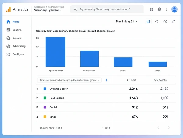 Four channels bringing customers to an eyewear brand site in Google Analytics