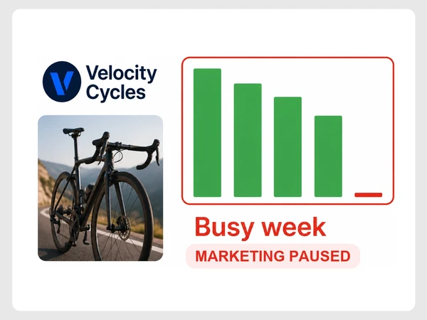 Velocity Cycles' weekly posting chart drops from four green bars to zero during a busy week.
