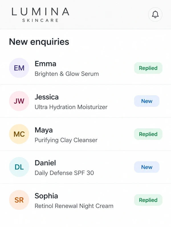 An enquiry list for a skincare brand with five rows of names, products asked about and statuses