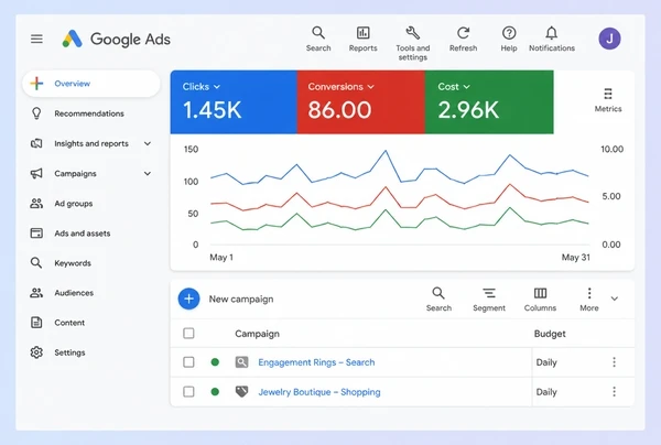 The Google Ads overview for a jewellery boutique account with spend and conversions