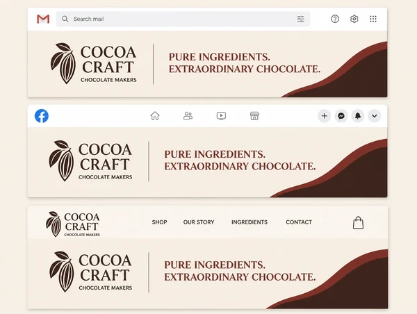 The same chocolate maker logo, colours and headline across an email, a post and a page