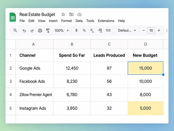 A sheet moving a real estate budget toward the channels producing leads