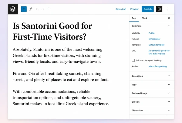 A travel article answering a buying question open in the WordPress editor