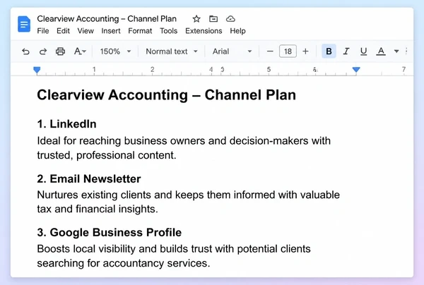 A channel plan in Google Docs naming three channels for an accountancy practice