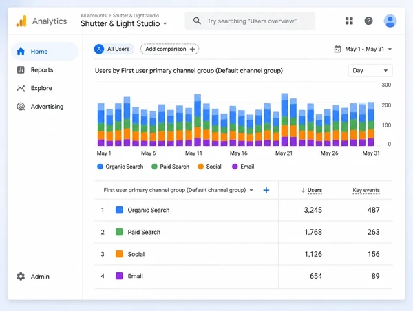 Four channels bringing customers to a photography studio site in Google Analytics