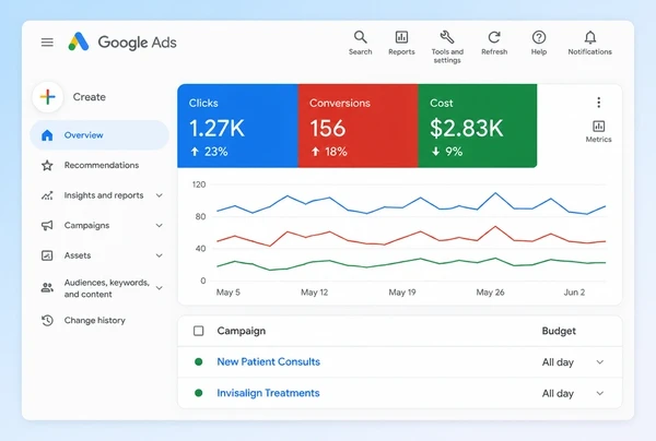 The Google Ads overview for an orthodontic practice account with spend and conversions