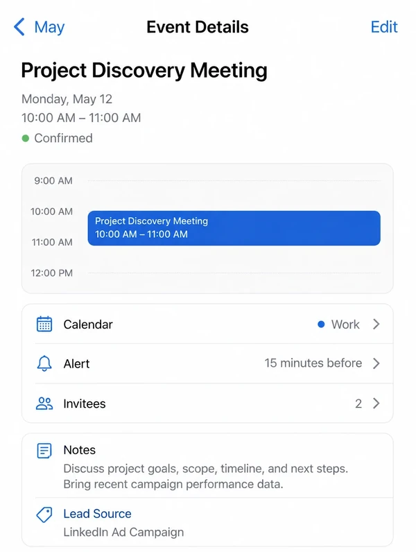 A phone showing a meeting request confirmed with the channel that brought it