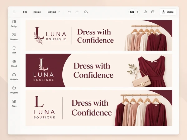 The same fashion boutique logo, colours and headline across an email, a post and a page