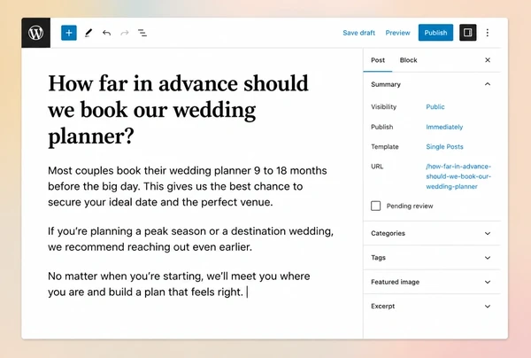 A wedding planner article answering a buying question open in the WordPress editor
