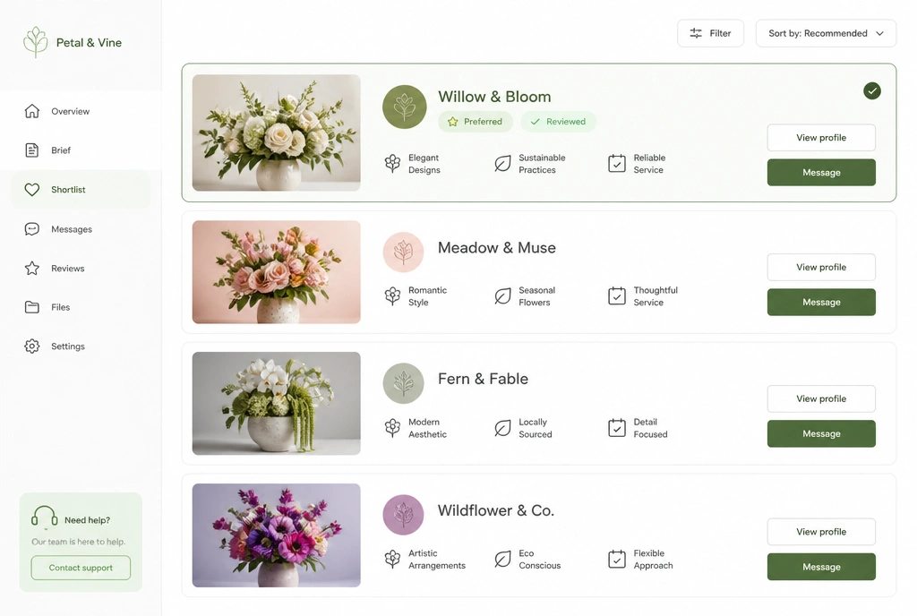 A florist shortlist with one company marked as preferred after review