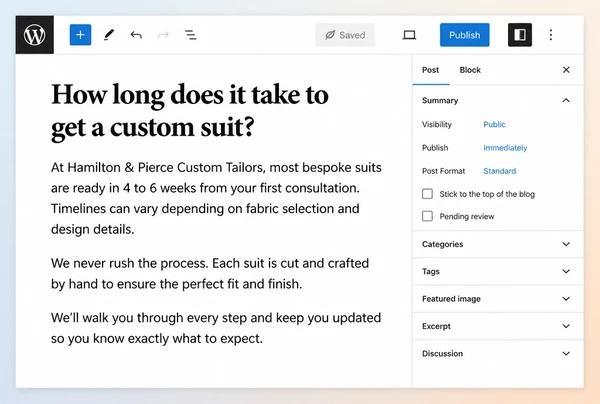 A bespoke tailor article answering a buying question open in the WordPress editor