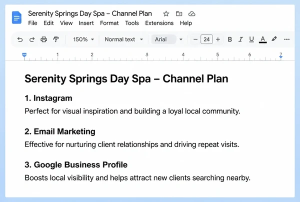A channel plan in Google Docs naming three channels for a day spa