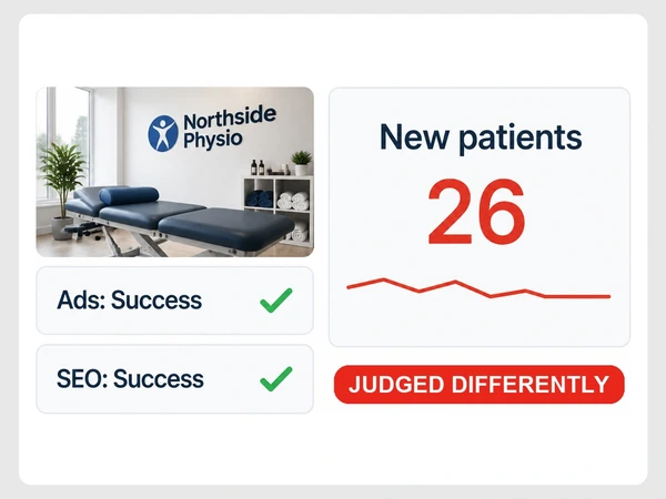 Northside Physio shows successful Ads and SEO cards beside a flat red line for new patients.