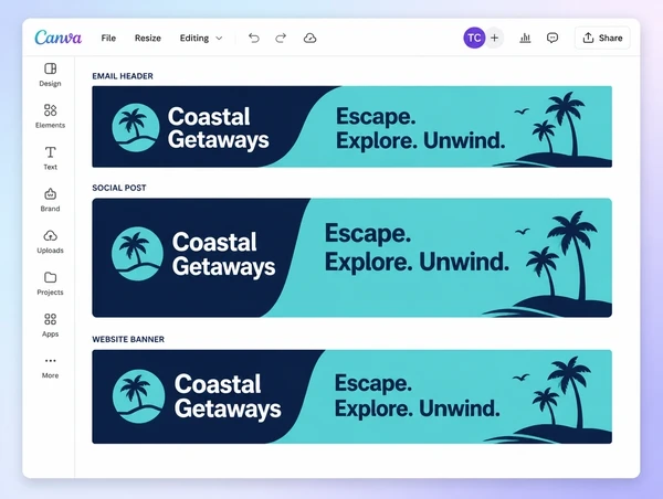 The same travel logo, colours and headline across an email, a post and a page