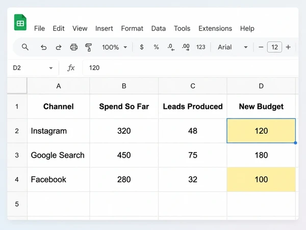 A sheet moving a jewellery boutique budget toward the channels producing leads