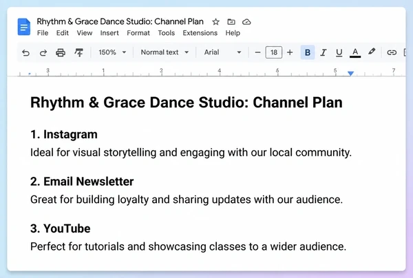A channel plan in Google Docs naming three channels for a dance studio
