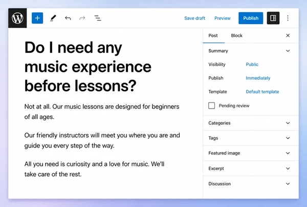 A music school article answering a buying question open in the WordPress editor