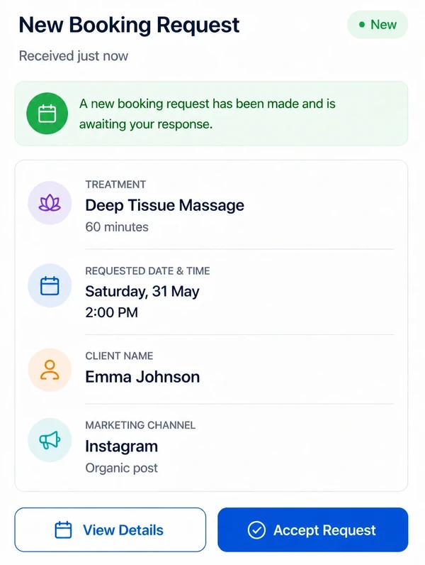 A phone showing a booking request arriving with the channel it came from