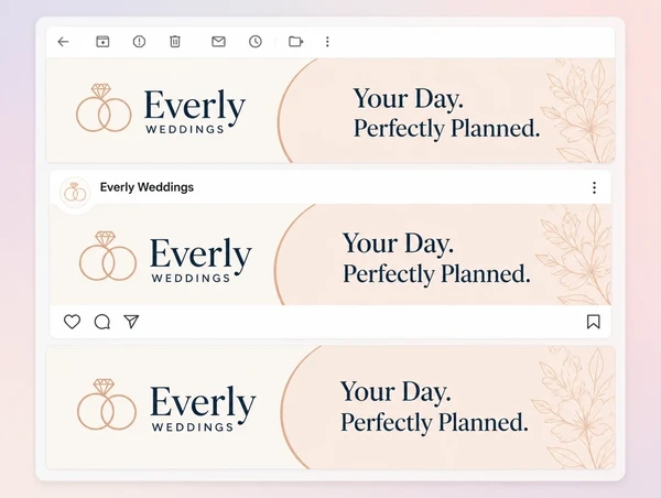 The same wedding planner logo, colours and headline across an email, a post and a page