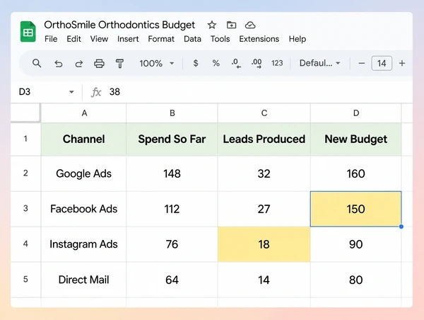 A sheet moving an orthodontic practice budget toward the channels producing leads
