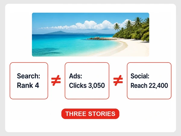 Wayfarer Journeys shows unrelated search ranking, ad click, and social reach results separated by red not-equal signs.