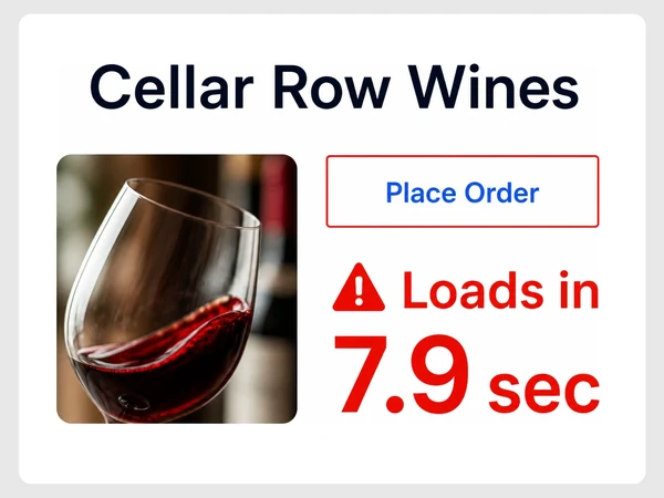 Cellar Row Wines has a tiny order button and a red warning that the page loads in 7.9 seconds.
