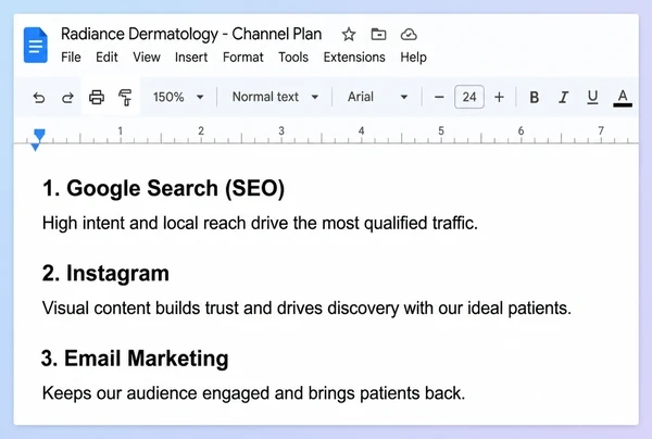 A channel plan in Google Docs naming three channels for a dermatology clinic