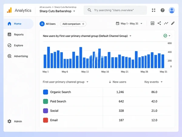 Four channels bringing customers to a barber shop site in Google Analytics