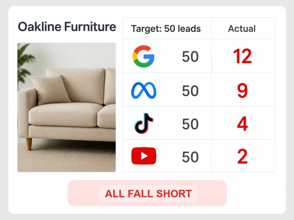 Oakline Furniture shows actual leads of 12, 9, 4, and 2 across four channels against a target of 50.