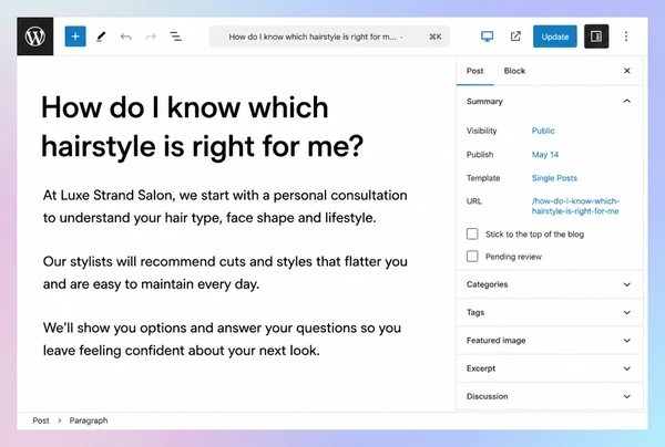 A hair salon article answering a buying question open in the WordPress editor