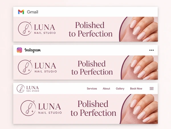 The same nail studio logo, colours and headline across an email, a post and a page