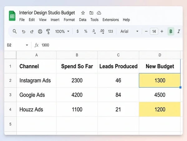 A sheet moving an interior design studio budget toward the channels producing leads