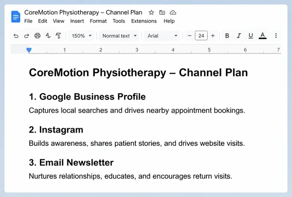 A channel plan in Google Docs naming three channels for a physiotherapy practice