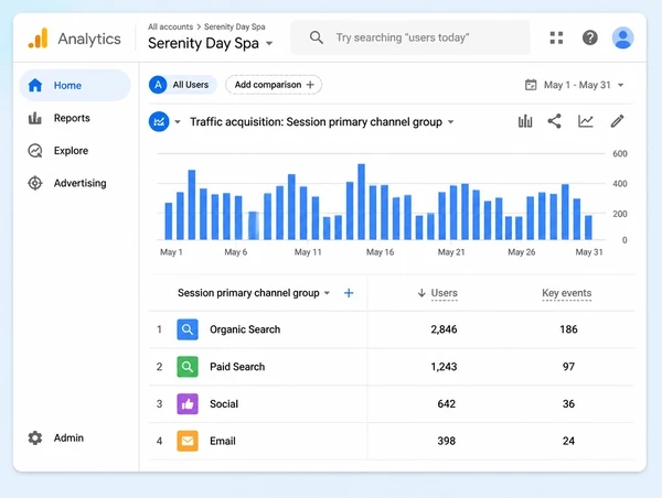 Four channels bringing customers to a day spa site in Google Analytics