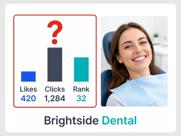 Brightside Dental compares Likes, Clicks, and Rank on different scales beneath a red question mark.