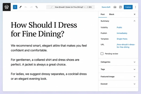 A fine dining restaurant article answering a buying question open in the WordPress editor