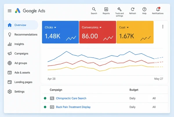 The Google Ads overview for a chiropractic clinic account with spend and conversions