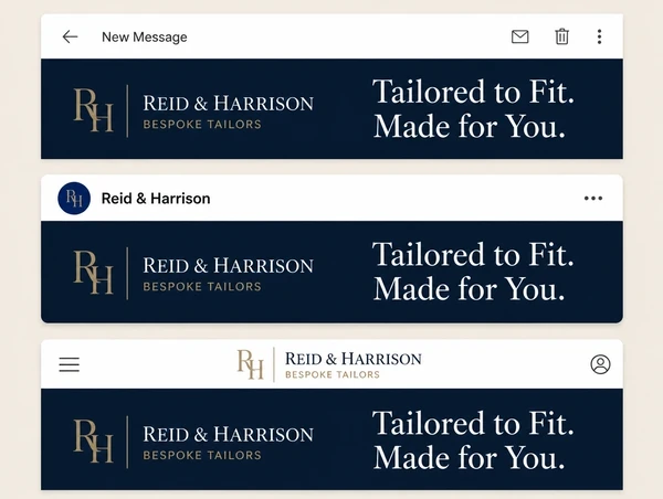 The same bespoke tailor logo, colours and headline across an email, a post and a page