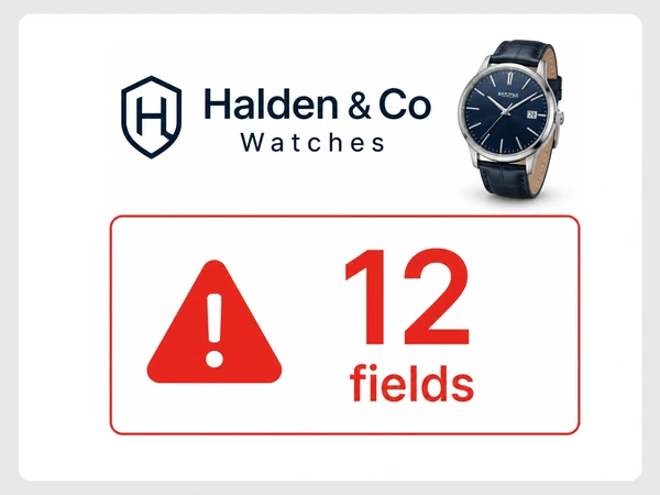 Halden & Co Watches shows an inquiry form with 12 tiny fields and a red warning triangle.