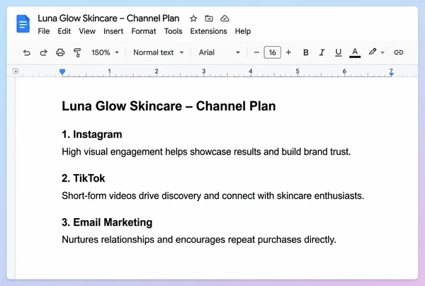 A channel plan in Google Docs naming three channels for a skincare brand