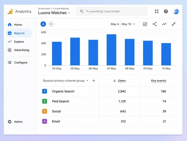 Four channels bringing customers to a luxury watches site in Google Analytics