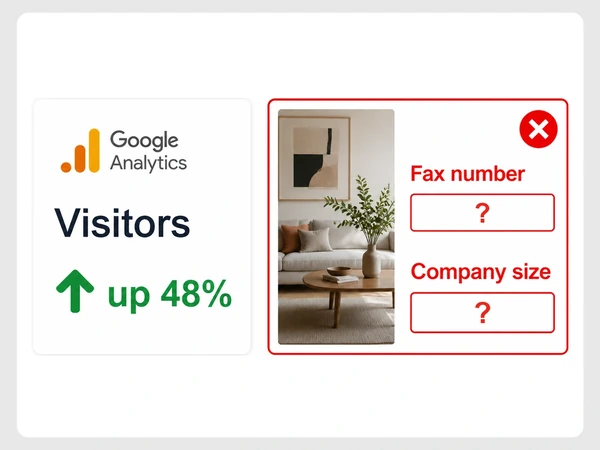 Halden Interiors pairs Analytics visitors up 48% with a red-outlined inquiry form asking for fax number and company size.