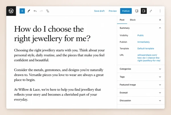 A jewellery boutique article answering a buying question open in the WordPress editor
