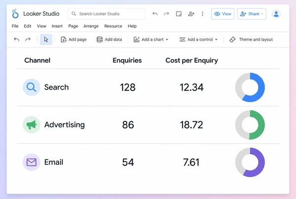 A Looker Studio report showing which channel produced each artisan bakery enquiry