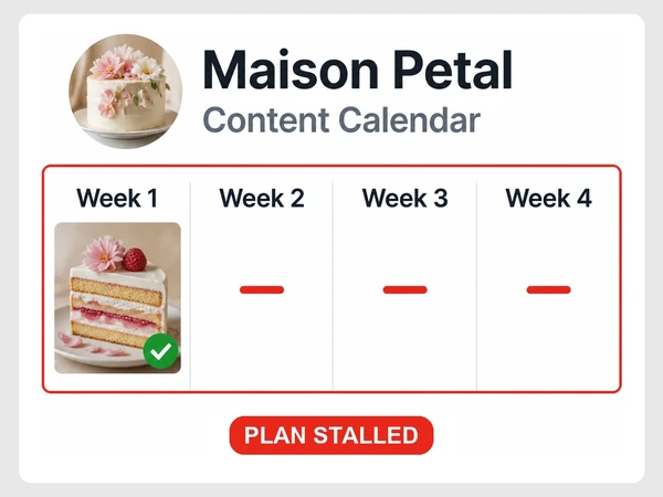 Maison Petal calendar shows one completed week and three empty weeks outlined red and labeled Plan stalled.